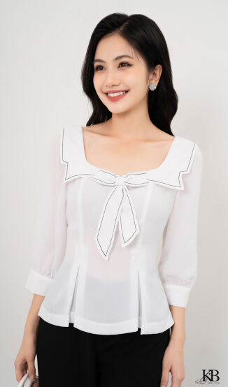 Sơ mi cổ vuông nơ trước can ngực