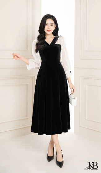 Maxi cổ v tay bồng can đai dáng xoè