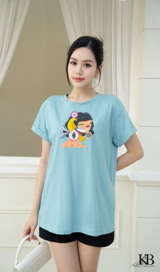 Sơ mi in hình cô gái tay nơ vê