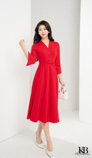 Maxi cổ v nơ eo