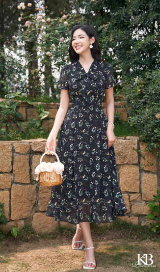 Maxi cổ v dây nơ ngực dáng xoè