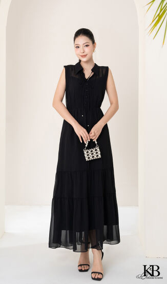 Maxi cổ đức eo rúm nhẹ can tầng