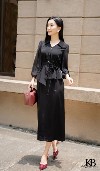 Maxi cổ bẻ v hoa eo cách điệu