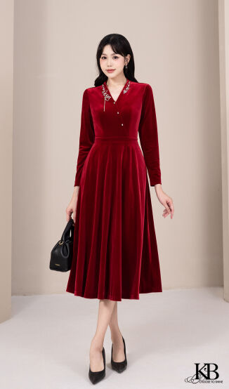 Maxi cổ v đính đá dáng xoè