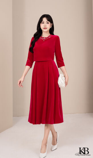 Maxi cổ bèo đính đá dáng xoè