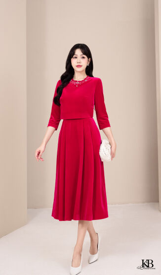 Maxi cổ bèo đính đá dáng xoè