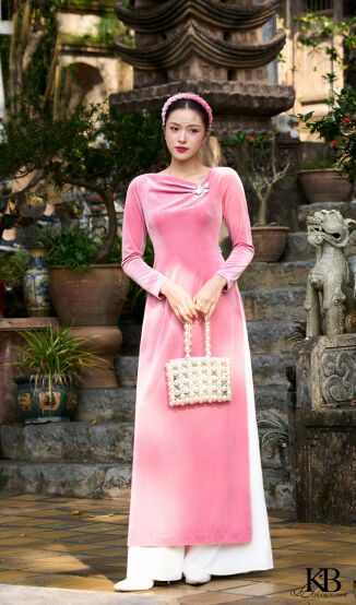 Áo dài cổ v lệch cài nơ trang trí