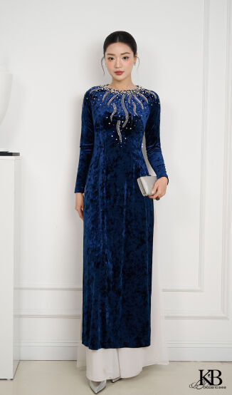 Aó dài cổ tròn đính lá liễu