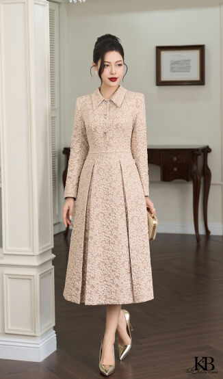 Maxi cổ bẻ nẹp giả can đai dáng xoè