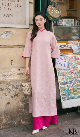 Áo dài cổ phối lé đính hoa