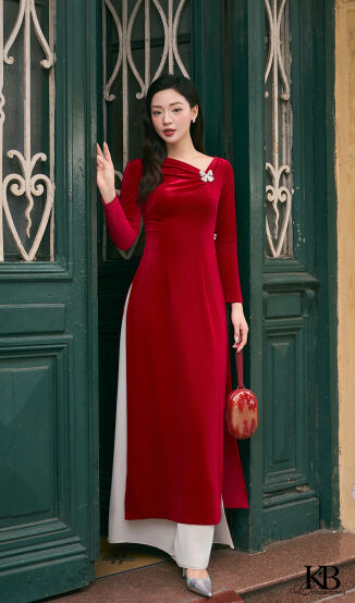 Áo dài cổ v lệch cài nơ trang trí