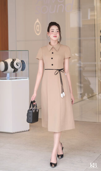 Đầm cổ bẻ dây nơ eo