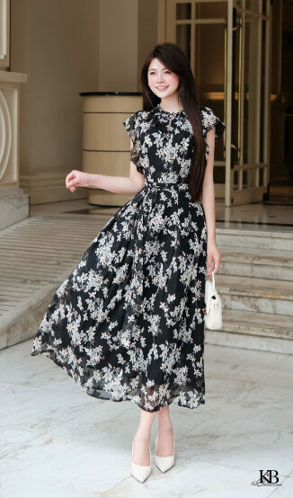 Maxi cổ xếp đai liền dáng xoè