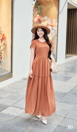 Maxi cổ tròn tay nụ hồng