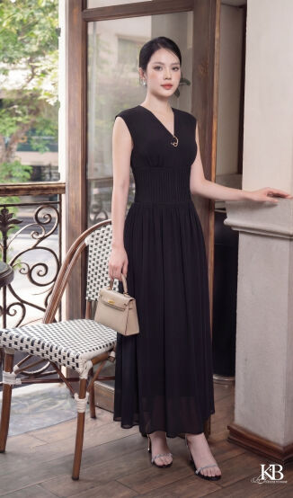 Maxi cổ v bấu mí mí eo