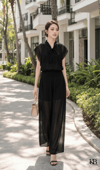 Sơ mi cotton can gấu dây nơ ngực