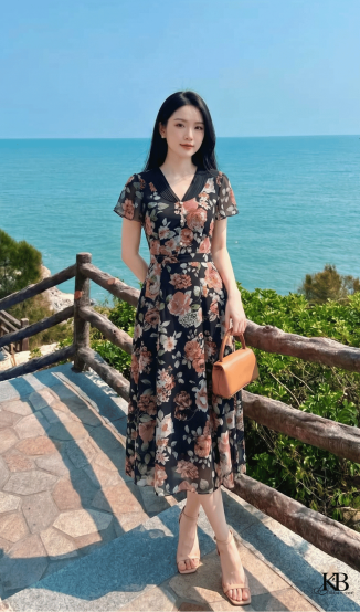 Maxi cổ v bấu mí can đai dáng xoè