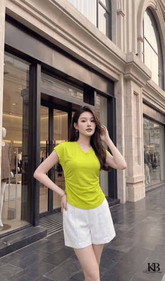 Sơ mi cotton cổ v rúm eo 2 bên