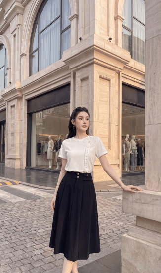Sơ mi cotton cổ tròn đính hoa ngực