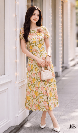Maxi hoa lệch can đai dáng xoè