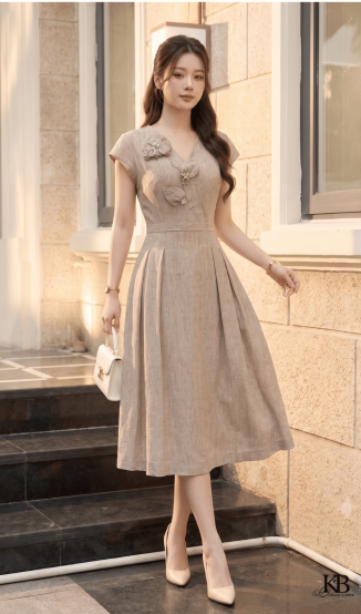 Maxi cổ v đai rời dáng xoè.